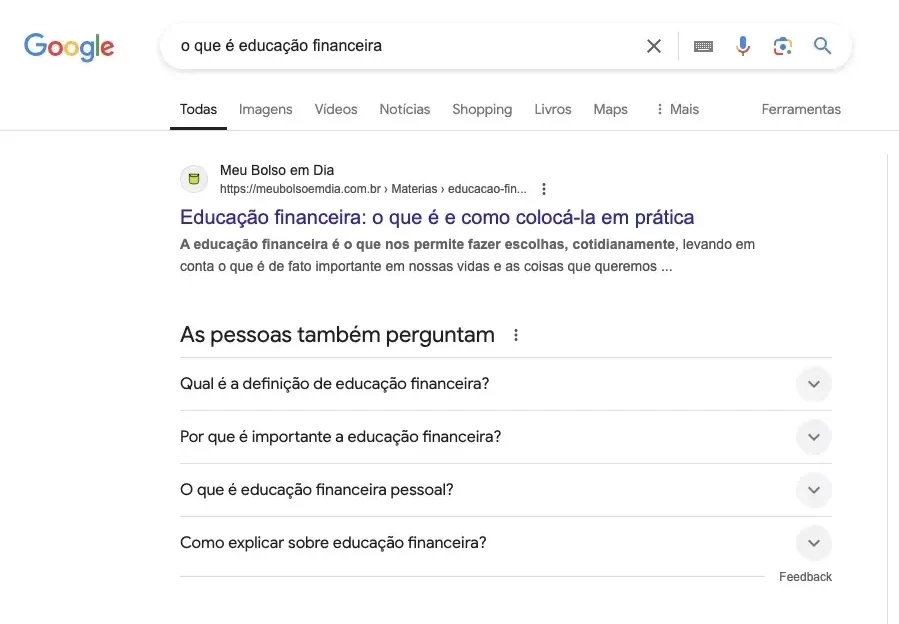 o que é educação financeira_ Tela de resultado do projeto SEO